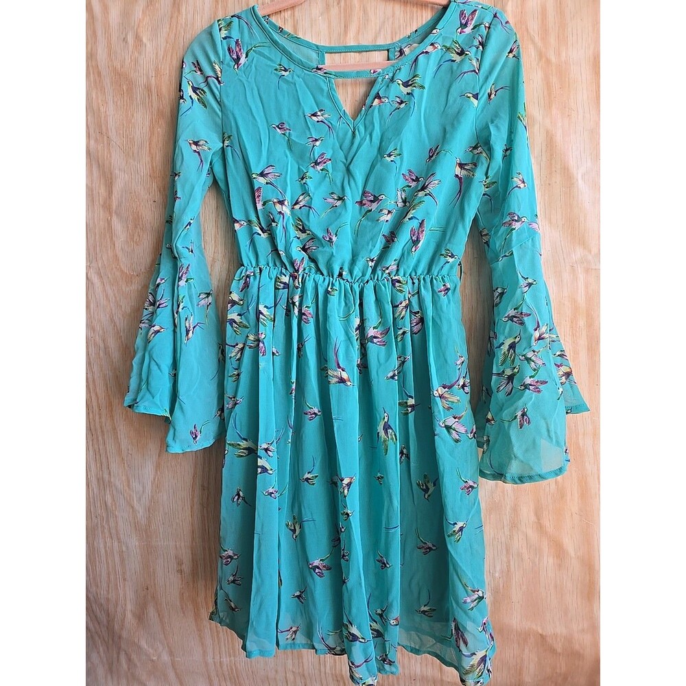 Ya Los Angeles Skater Dress Women SMALL BLUE HUMMINGBIRD KEYHOLE FRONT MINI DRES